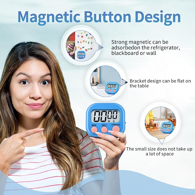 24 Pack Digital Kitchen Timer Magnetic Digital Timer with Big Display Loud Ring Cooking Timers for Kitchen Electronic Timer for Cooking, Bathing, Gym, Break Time, Classroom(6 Color)