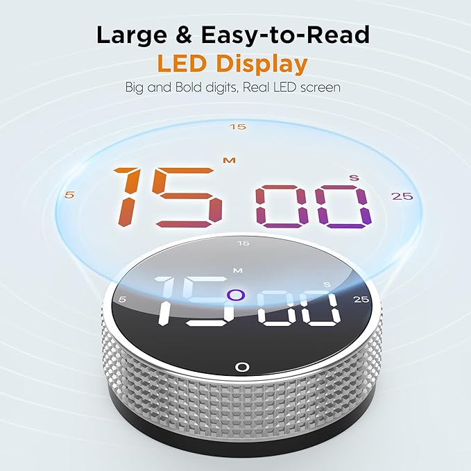 Upgrade Digital Kitchen Timer - Magnetic Countdown Countup Visual Pomodoro Timer with Large LED Display, 3-Preset Times (5, 15, 25), 3 Volume Levels, Ideal for Cooking, Baking and Fitness (2, Silver)