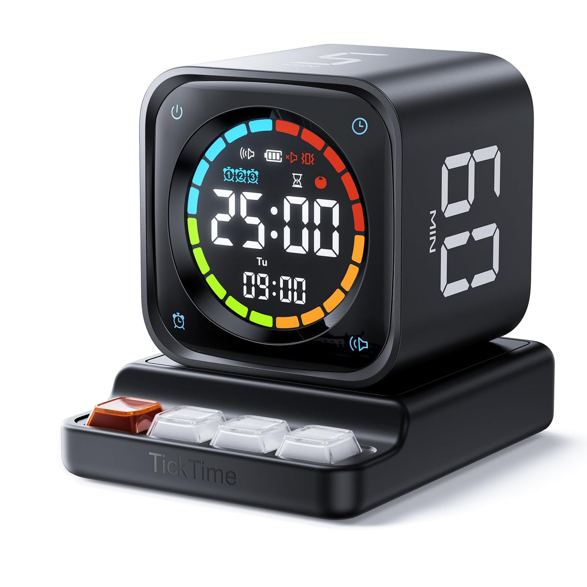 Ticktime TK3 Pomodoro Timer Cube | 25/5 Presets, Custom Countdown, 3 Alarms, Silent/Vibrate Alerts